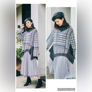 Initial Parisian Street Style Houndstooth Preppy Wool Blend Sweater Size M